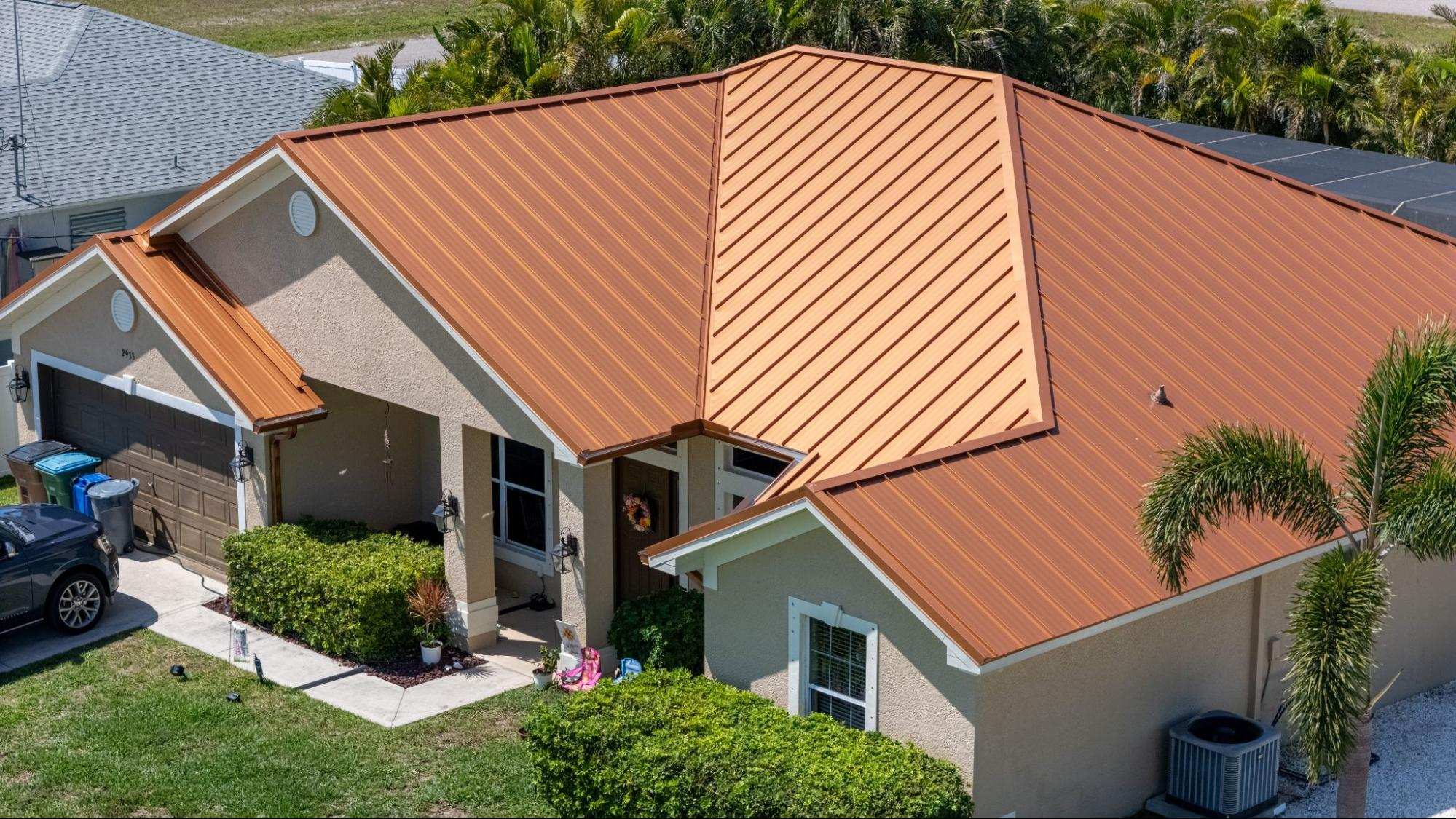 Copper standing seam metal roof residential home