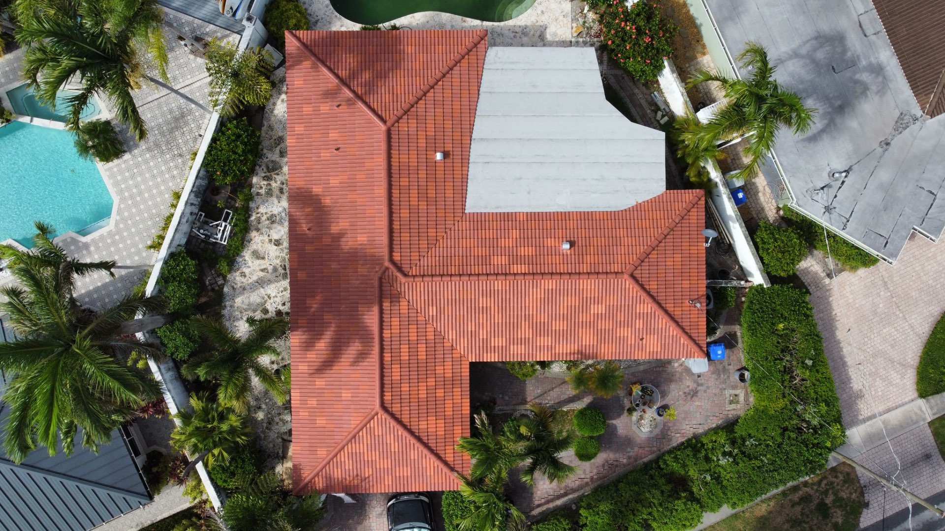 Terracotta tile roof top-down aerial view